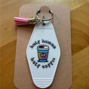 Half Human Half Coffee Keychain with Pink Tassel handcrafted by me